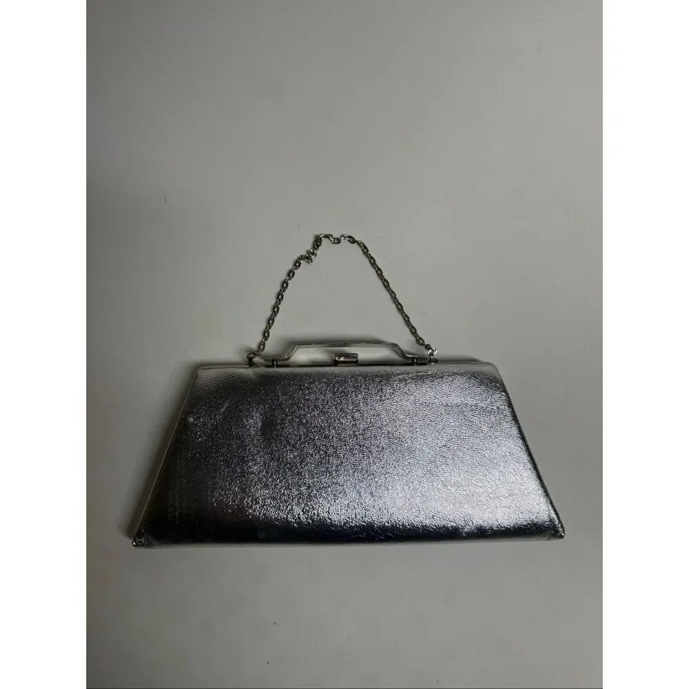 Rare Vintage Silver Metallic Kiss Lock Evening Clutch Bag Silver Strap